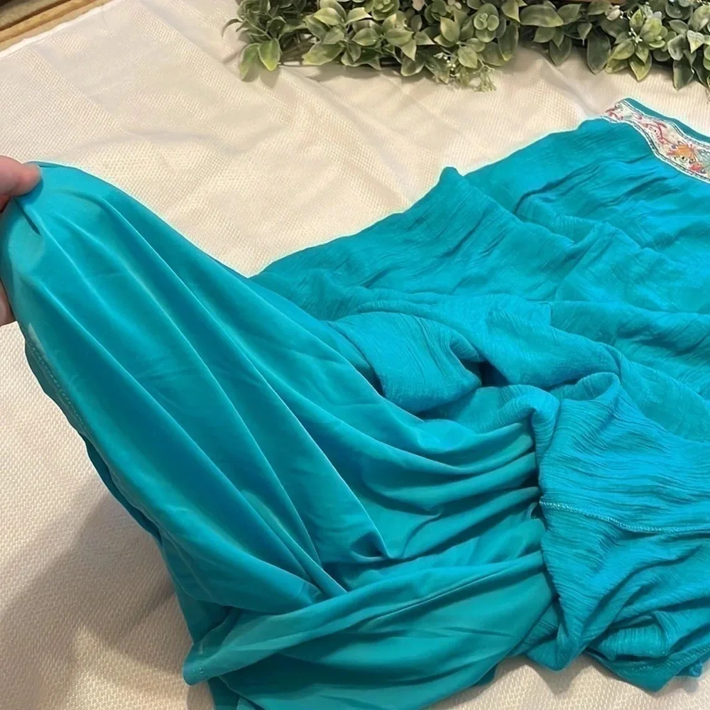 Flying tomato women’s dress maxi Large haute hippie boho blue embroider design